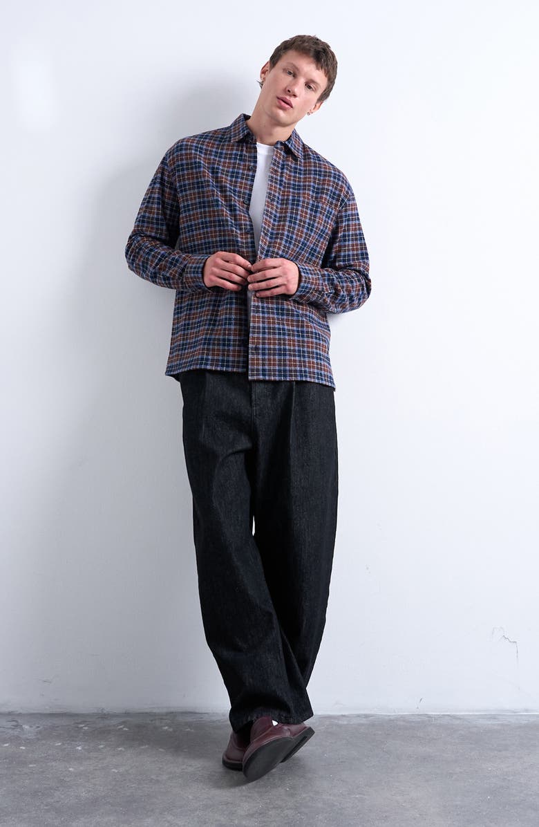 Topman Relaxed Fit Check Cotton Flannel Button-Up Overshirt, Alternate, color, Brown