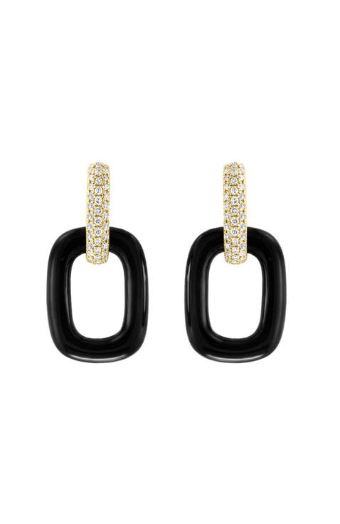 14K Yellow Gold Black Onyx Diamond Link Drop Earrings