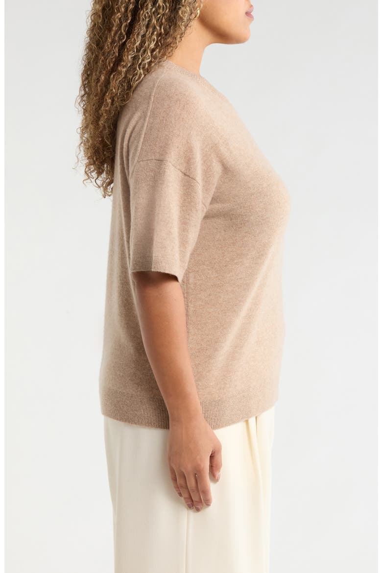 Short Sleeve Cashmere Sweater, Alternate, color, TAN CAMEL DARK HEATHER