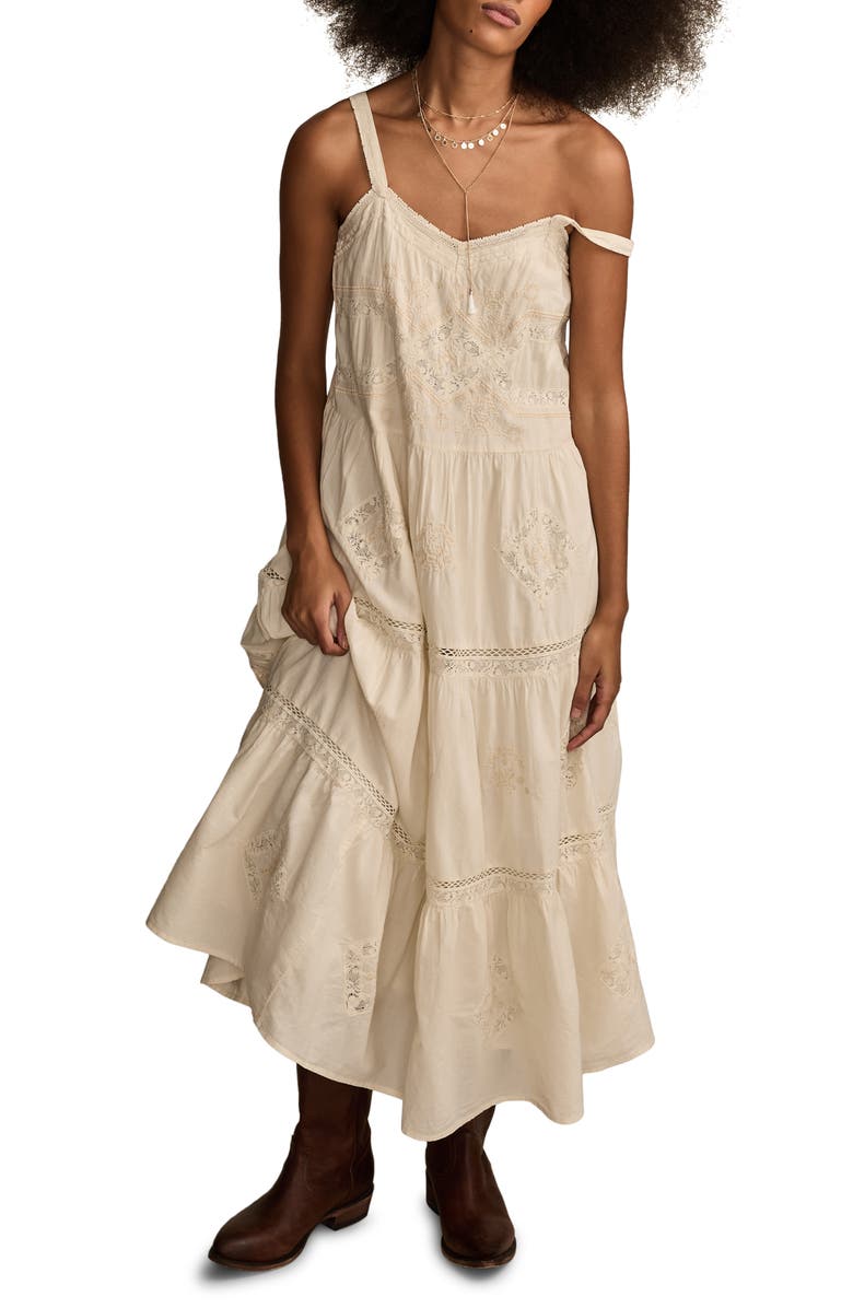 Lucky Brand Lace Inset Cotton Midi Dress, Main, color, 