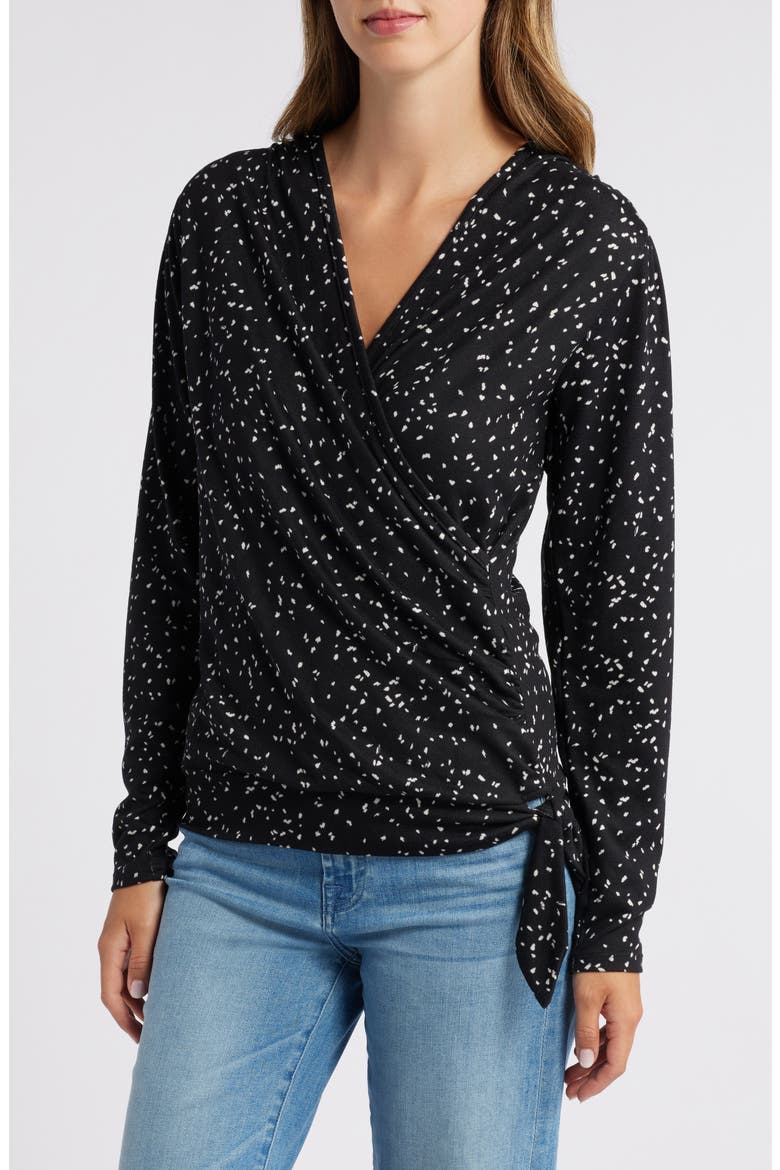Dot Print Faux Tie Wrap Top, Main, color, BLACK/ NAT