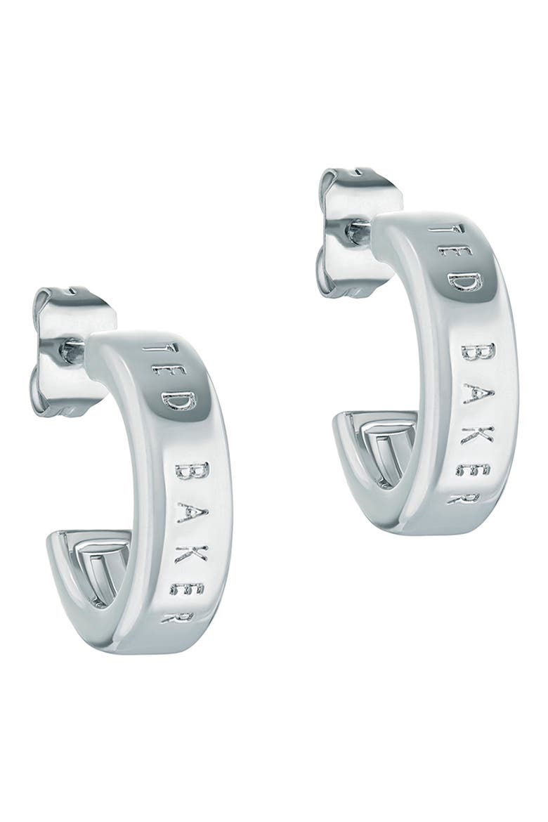 Helanna Nano Logo Huggie Hoop Earrings, Main, color, SILVER TONE