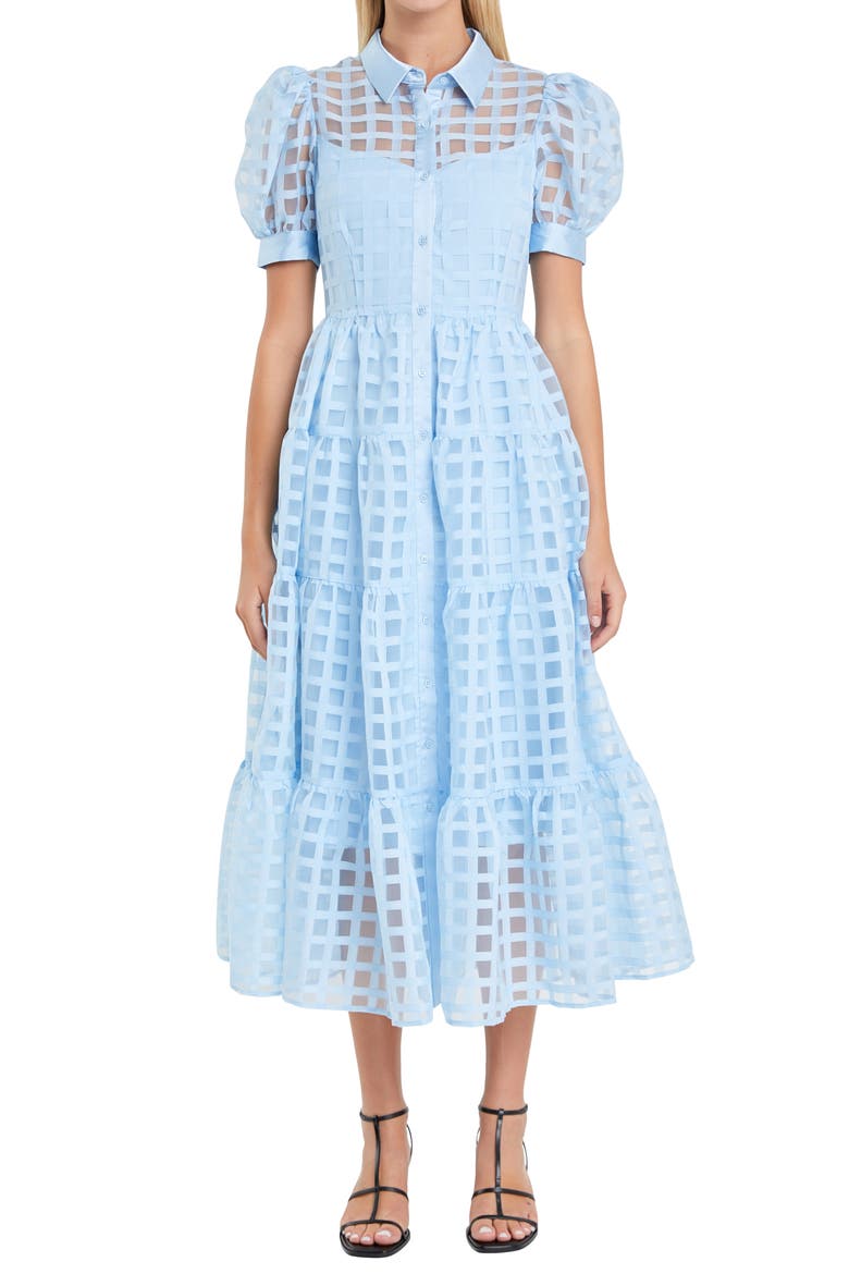 Grid Pattern Tiered Midi Shirtdress, Alternate, color, POWDER BLUE
