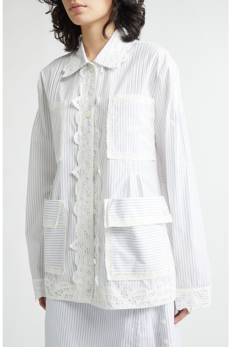 Stripe Lace Trim Cotton Button-Up Shirt, Alternate, color, IVORY/ BLACK