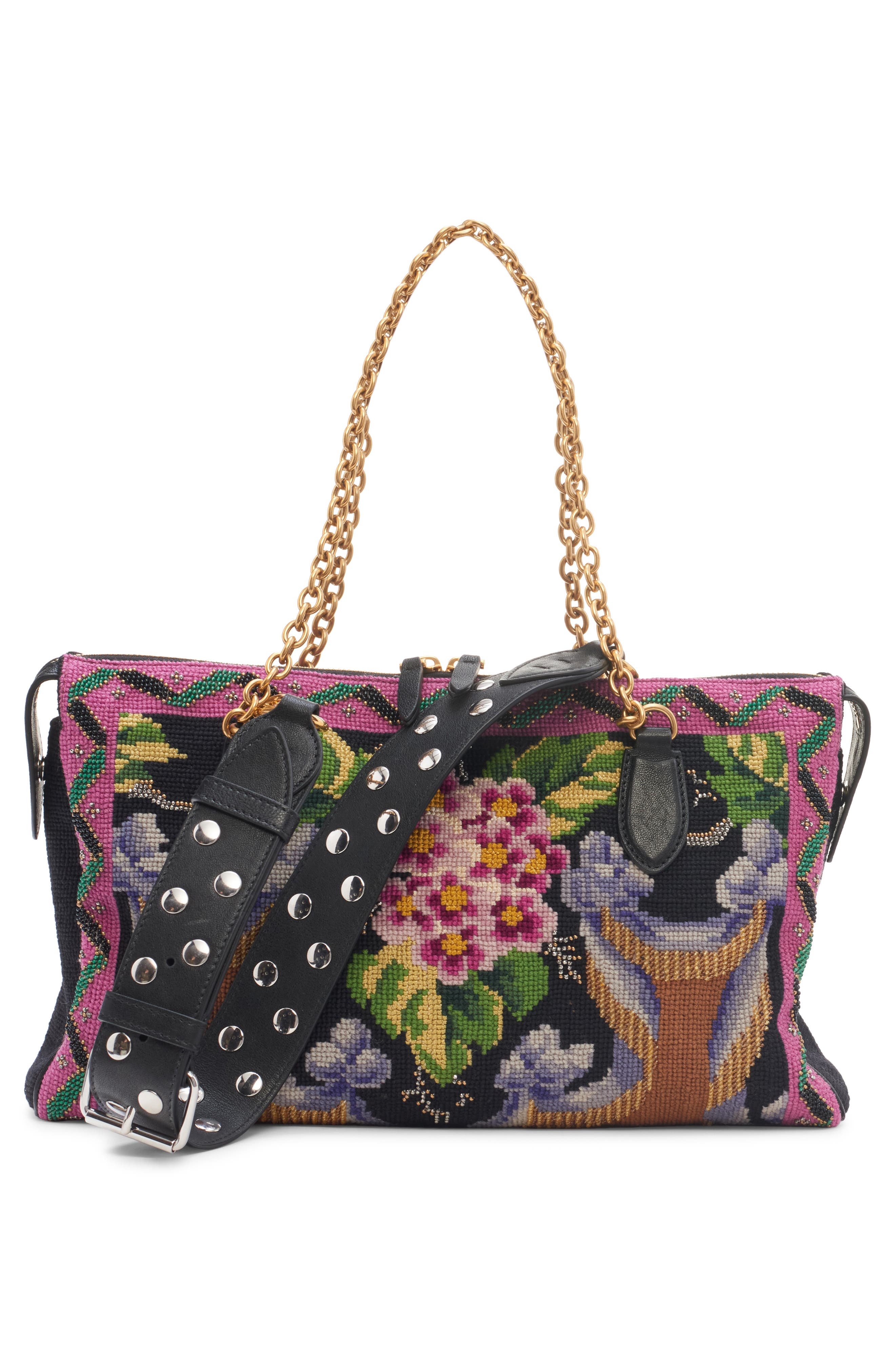 Panthea Medium Embroidered Silk & Leather Shoulder Bag, Alternate, color, BLACK MULTI