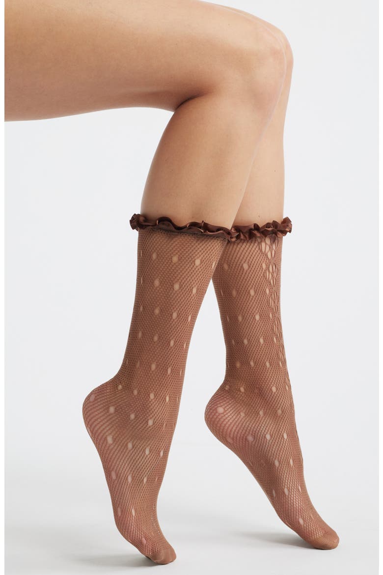 Mimi Satin Ruffle Lace Crew Socks, Main, color, COFFEE