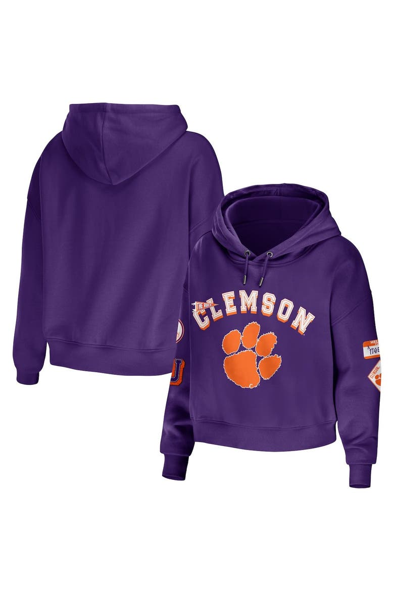 Women's WEAR by Erin Andrews Purple Clemson Tigers Mixed Media Cropped Pullover Hoodie, Main, color, Purple