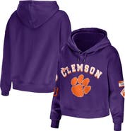 WEAR by Erin Andrews Women's WEAR by Erin Andrews Purple Clemson Tigers Mixed Media Cropped Pullover Hoodie