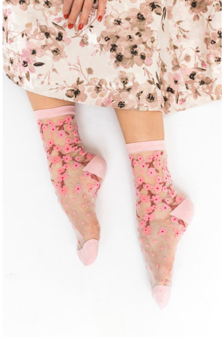 Floral Sheer Crew Socks, Alternate, color, PINK/ PURPLE