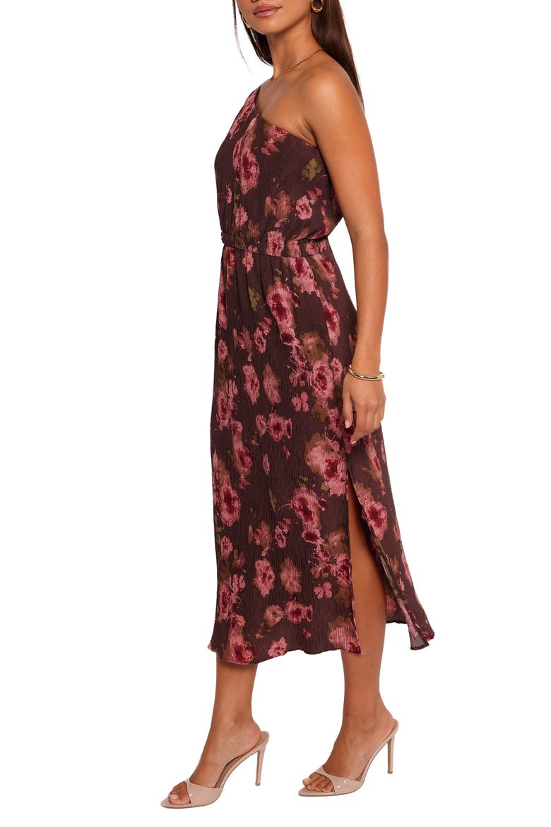 Floral One-Shoulder Plissé Midi Dress, Alternate, color, CHOCOLATE BROWN