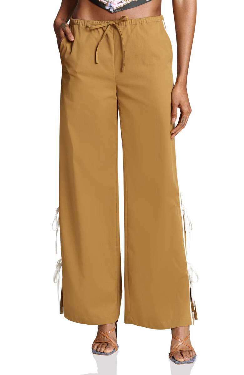 Avec Les Filles Side Tie Wide Leg Pants, Main, color, Ochre/ White Stripe