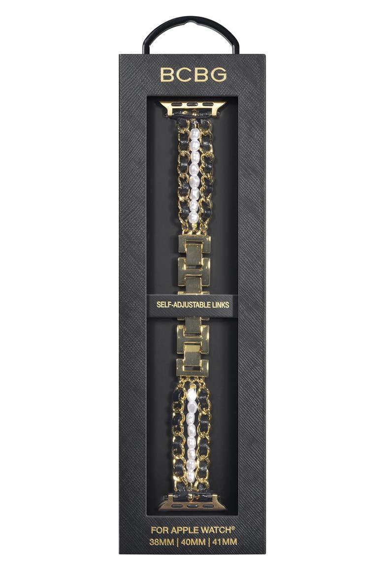 Imitation Pearl and Leather Chain Watchband, Alternate, color, GOLD