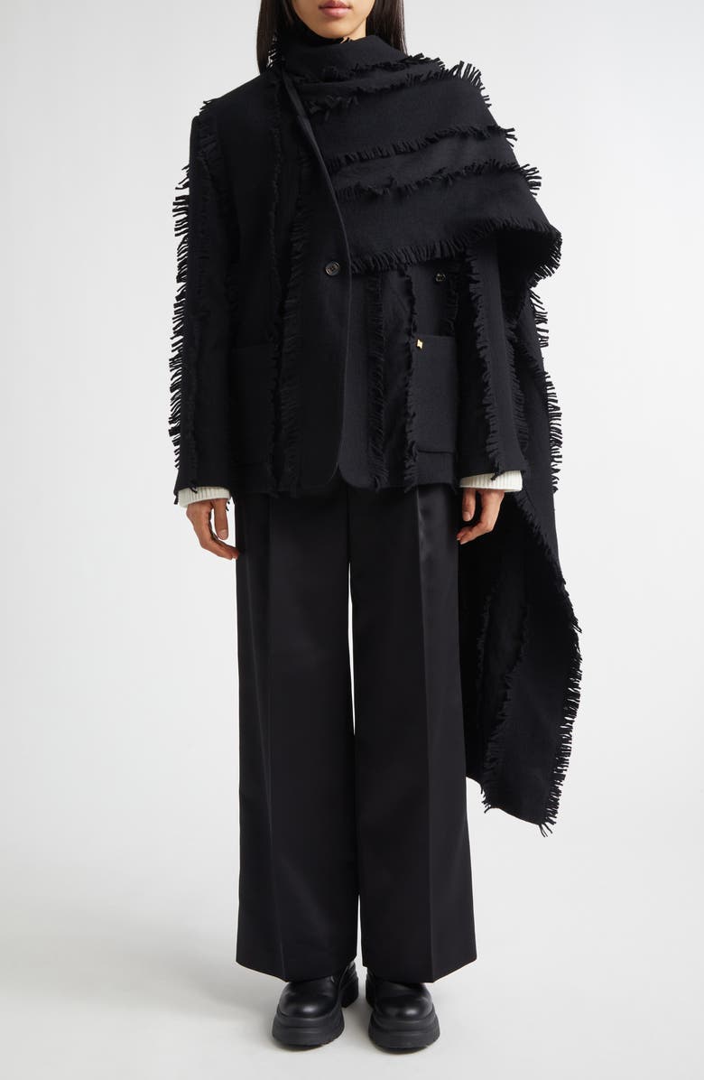 EENK Fringed Wool Jacket with Scarf Detail, Alternate, color, Black Wool