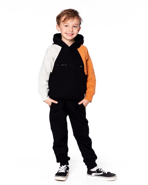 Deux Par Deux Pullover Hooded Fleece Sweatshirt With Zip Pocket In Black
