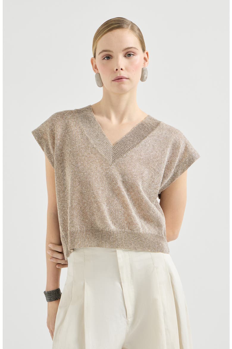 Linen and cotton Diamond yarn sweater, Main, color, Light Brown