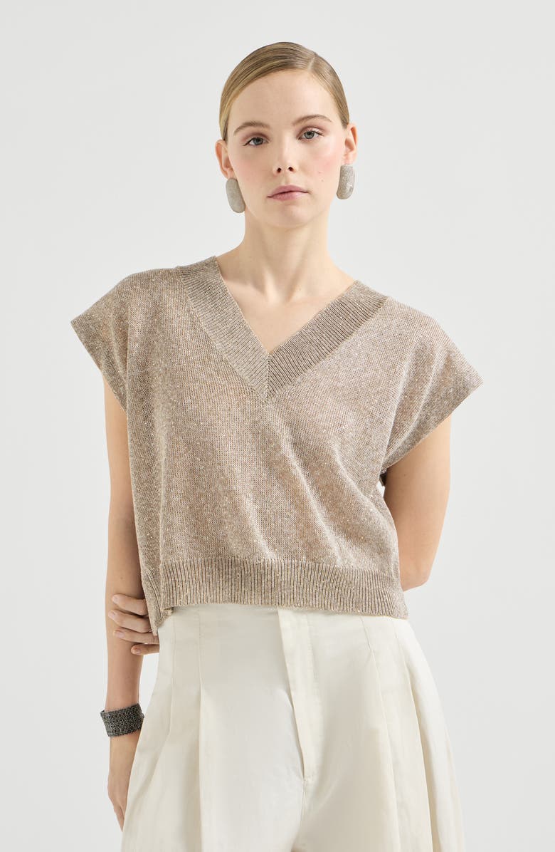 Brunello Cucinelli Linen and cotton Diamond yarn sweater, Alternate, color, Light Brown