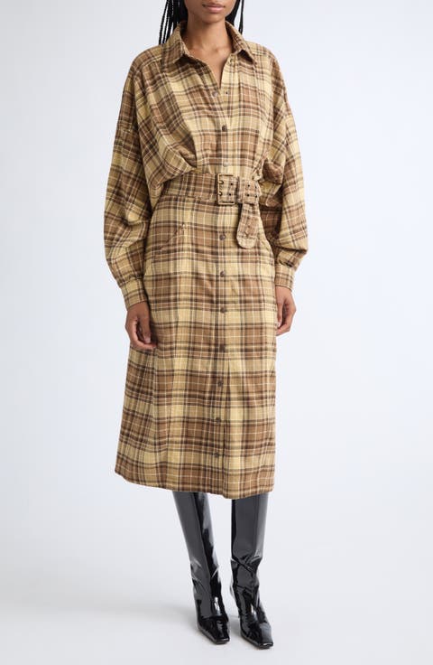 D-Edalus Plaid Long Sleeve Cotton Flannel Midi Shirtdress