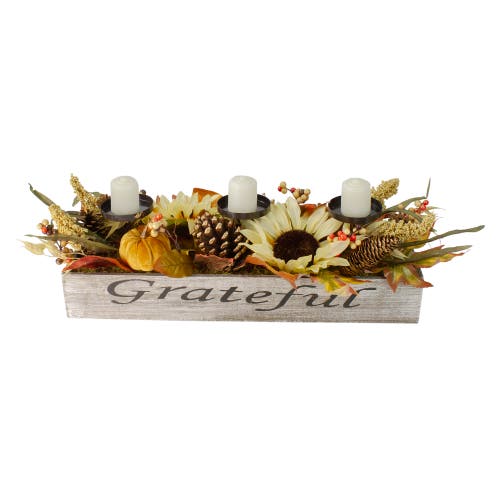 Northlight Autumn Sunflower "grateful" Triple Candle Holder Centerpiece In Gray