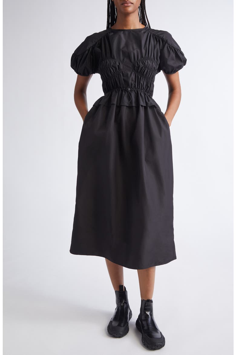 Betsy Ruched Puff Sleeve Drawcord Waist Recycled Faille Dress, Main, color, BLACK