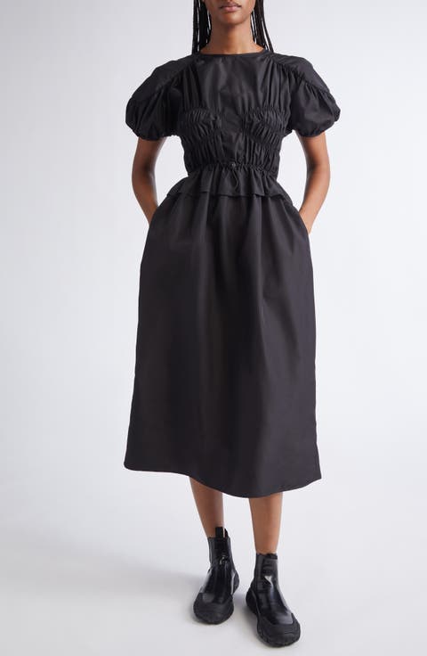 Betsy Ruched Puff Sleeve Drawcord Waist Recycled Faille Dress