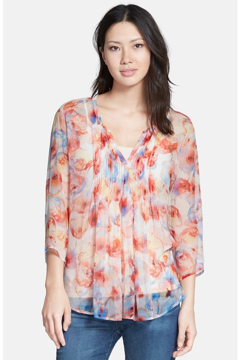 Pintuck Pleat Split Neck Blouse, Main, color, ORANGE WATERCOLOR