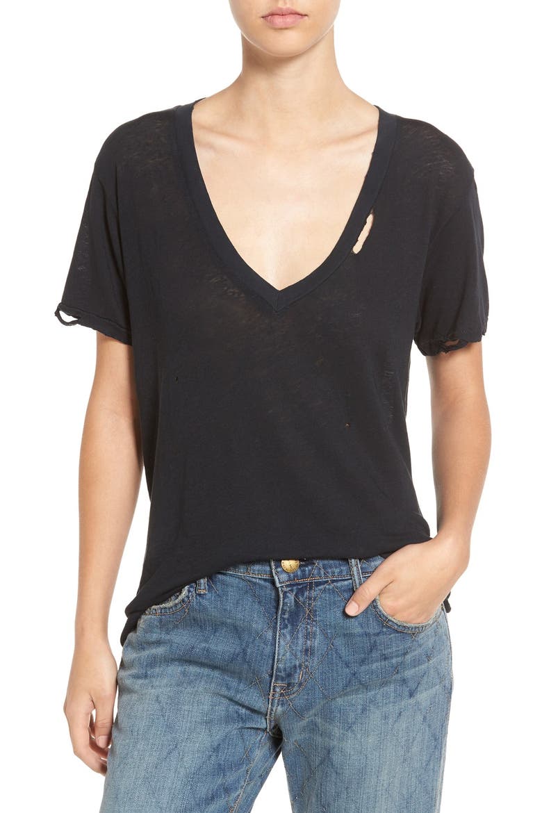 'The V-Neck' Tee, Main, color, BLACK BEAUTY ALL TORN UP