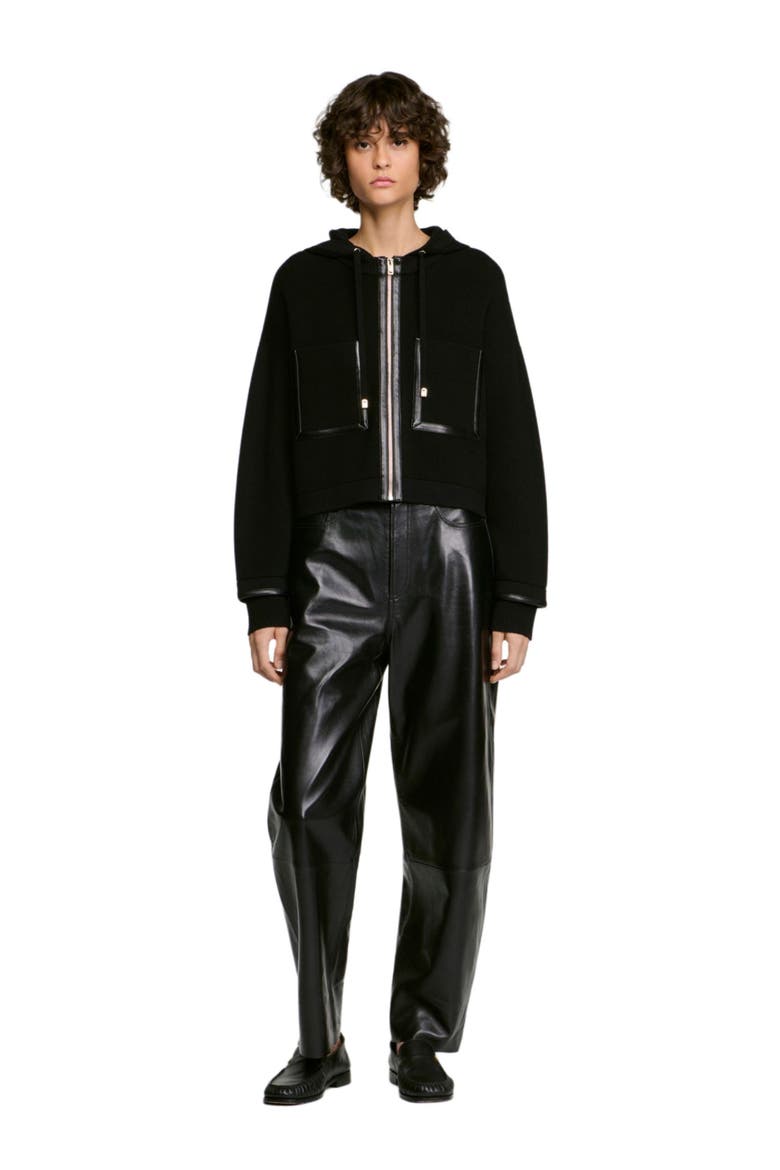 Hooded cardigan, leather details, Alternate, color, Black