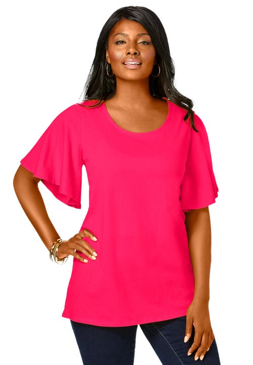 Jessica London Stretch Knit Flutter Sleeve Tunic In Pink