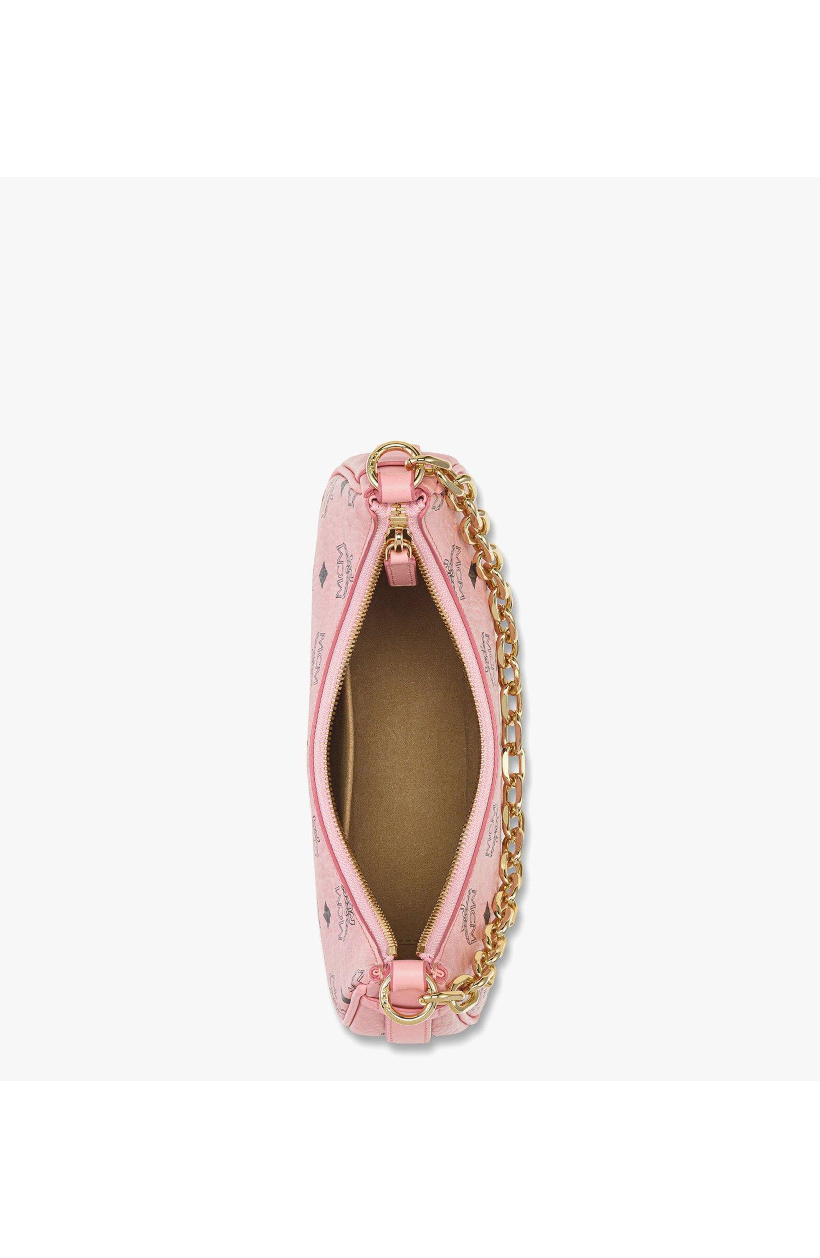 MCM Aren Crescent Hobo Bag in Visetos, Alternate, color, Pink