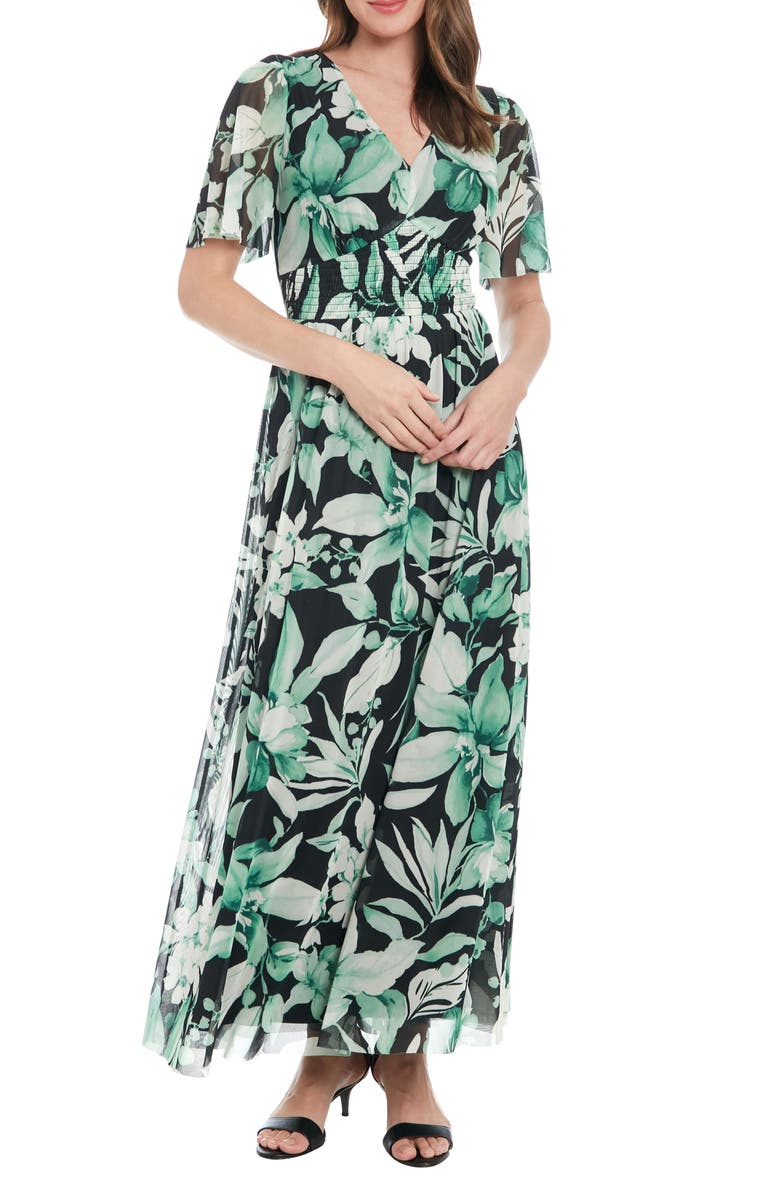 London Times Floral Smocked Flutter Sleeve Mesh Maxi Dress, Main, color,