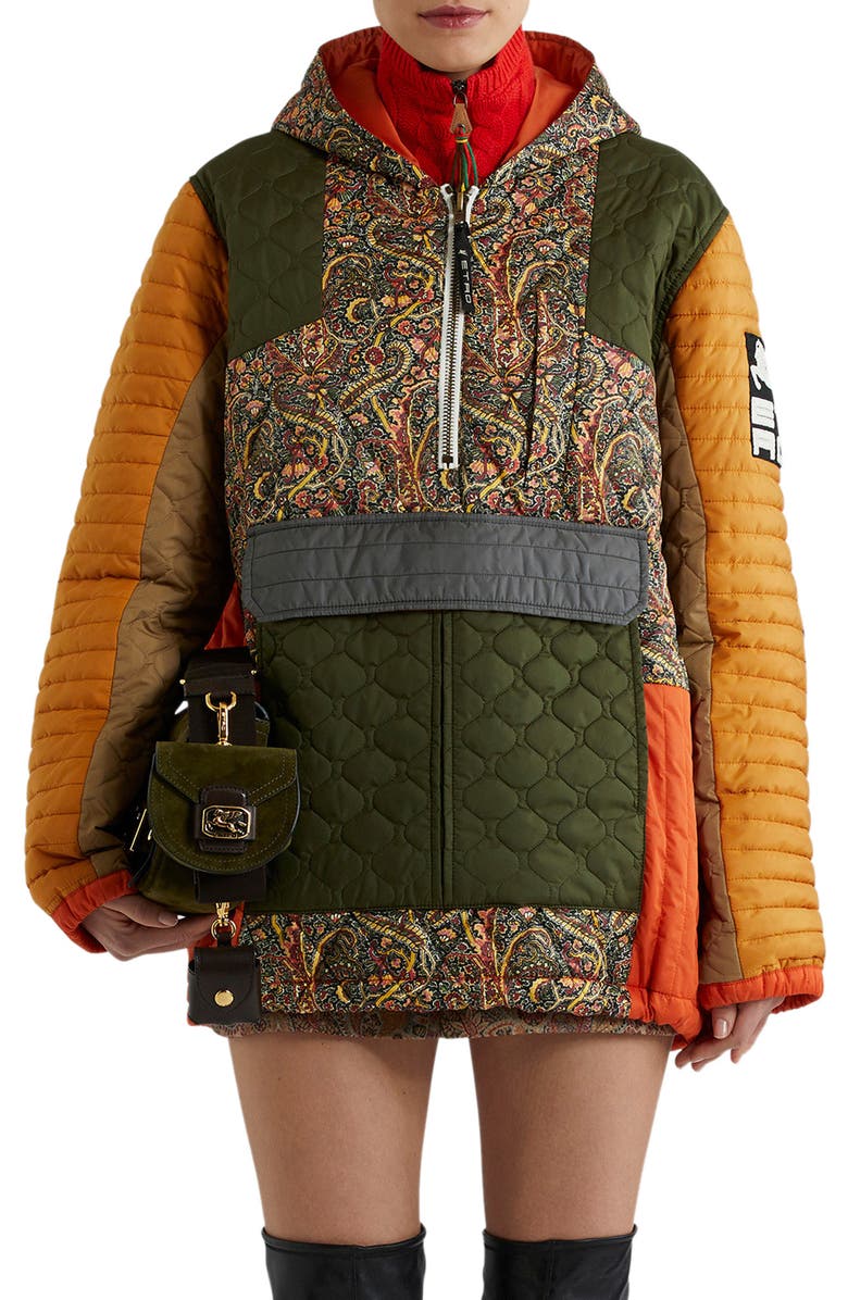 Etro Colorblock Quilted Hooded Pullover Jacket, Main, color,