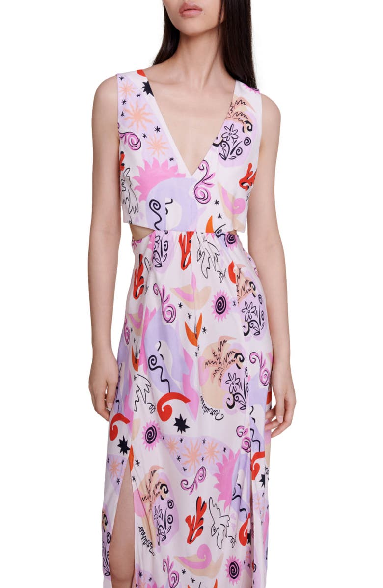 maje Rillosio Sleeveless Cutout Silk Maxi Dress, Alternate, color,