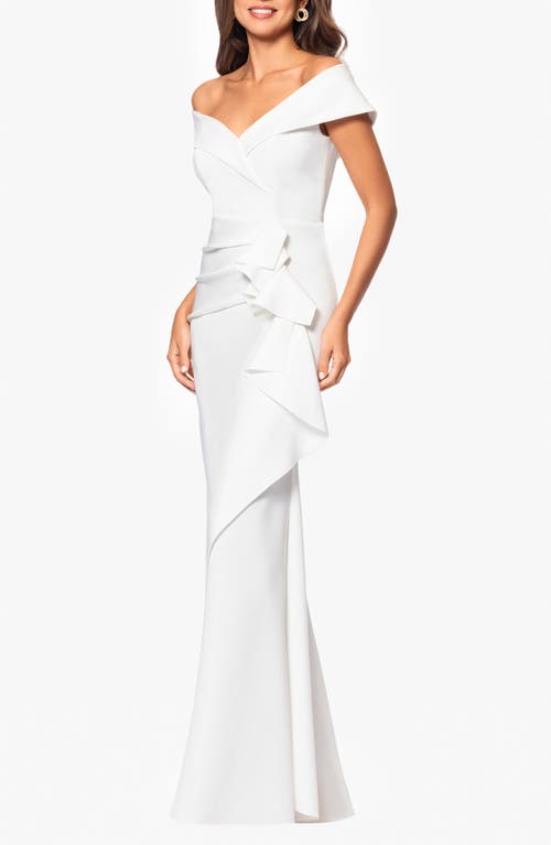 Xscape Evenings Ruffle Off The Shoulder Scuba Gown In Ivory