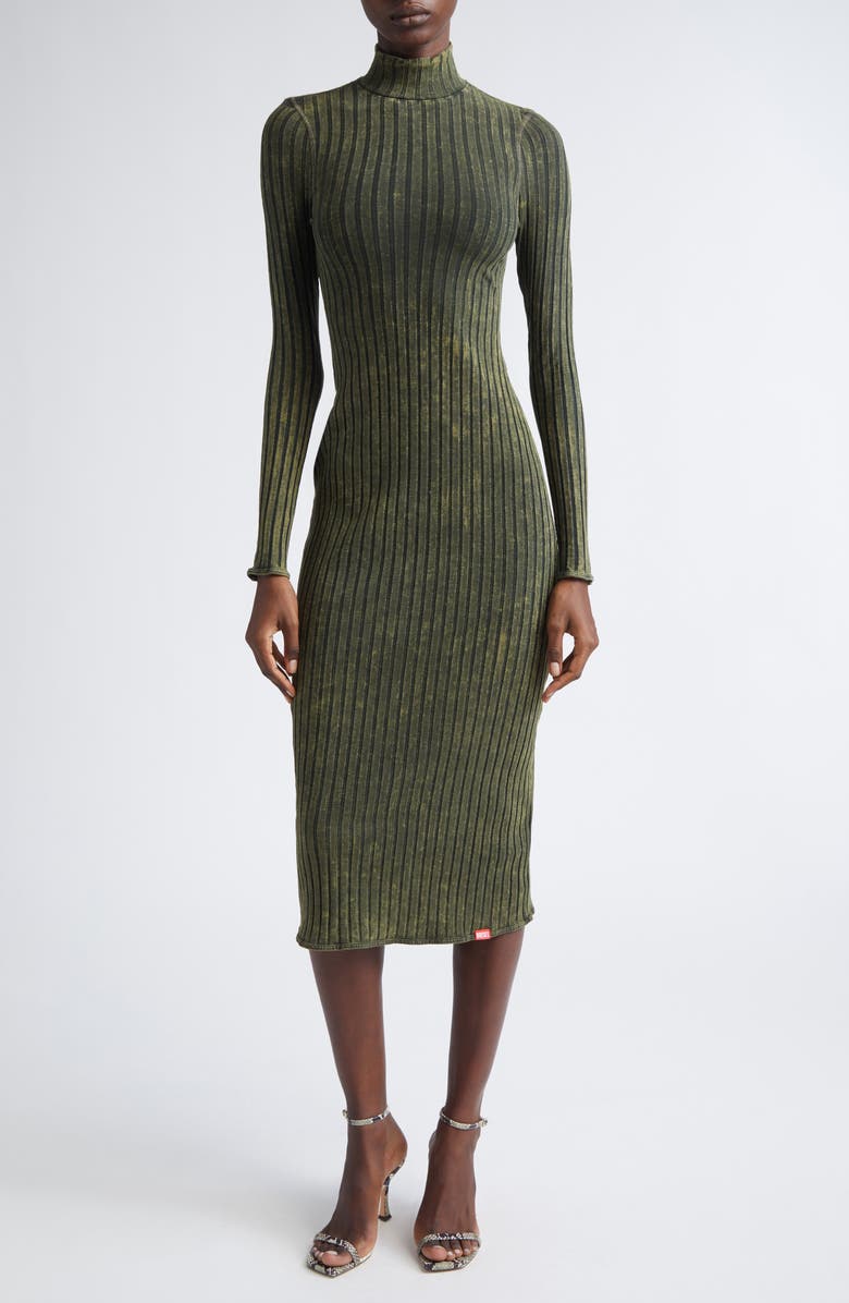 DIESEL<sup>®</sup> D-Wavya Long Sleeve Treated Wide Rib Jersey Midi Sweater Dress, Main, color, Bottle Green