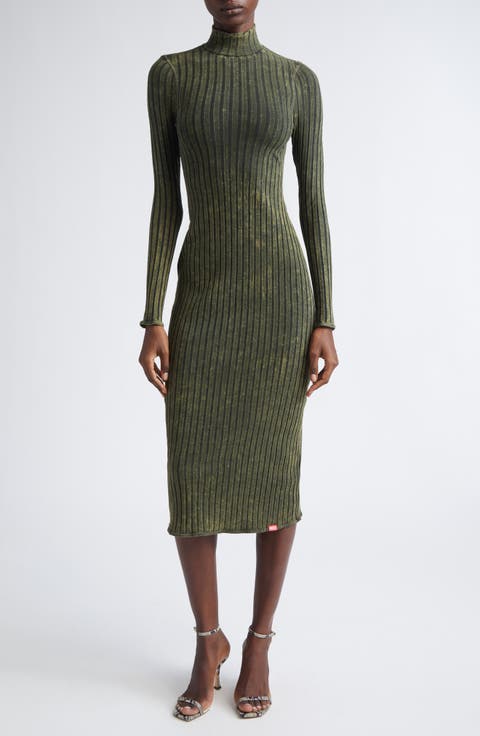 D-Wavya Long Sleeve Treated Wide Rib Jersey Midi Sweater Dress