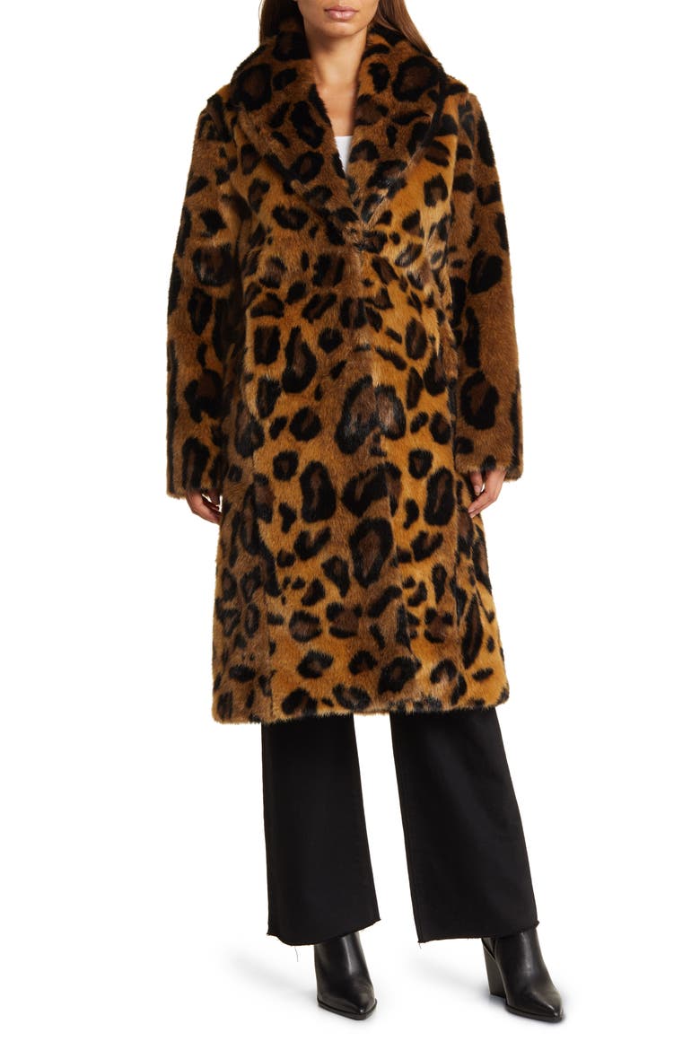 Leopard Print Shawl Collar Faux Fur Coat, Main, color, NATURAL LEOPARD