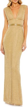 Mac Duggal Beaded Cap Sleeve V Neck Column Gown