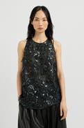 Brunello Cucinelli Crispy silk top with dazzling lynx embroidery