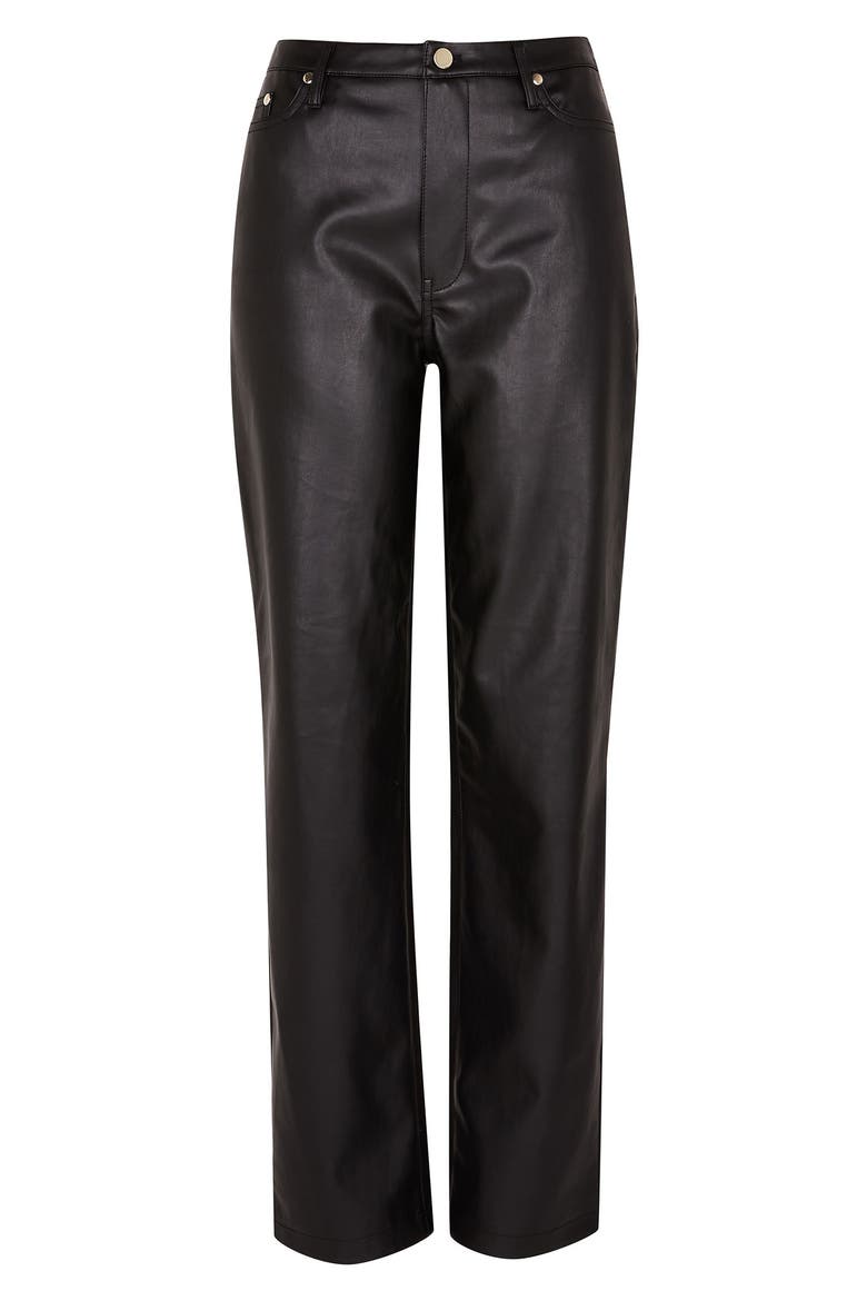 Faux Leather Fitted Straight Leg Trousers, Alternate, color, BLACK