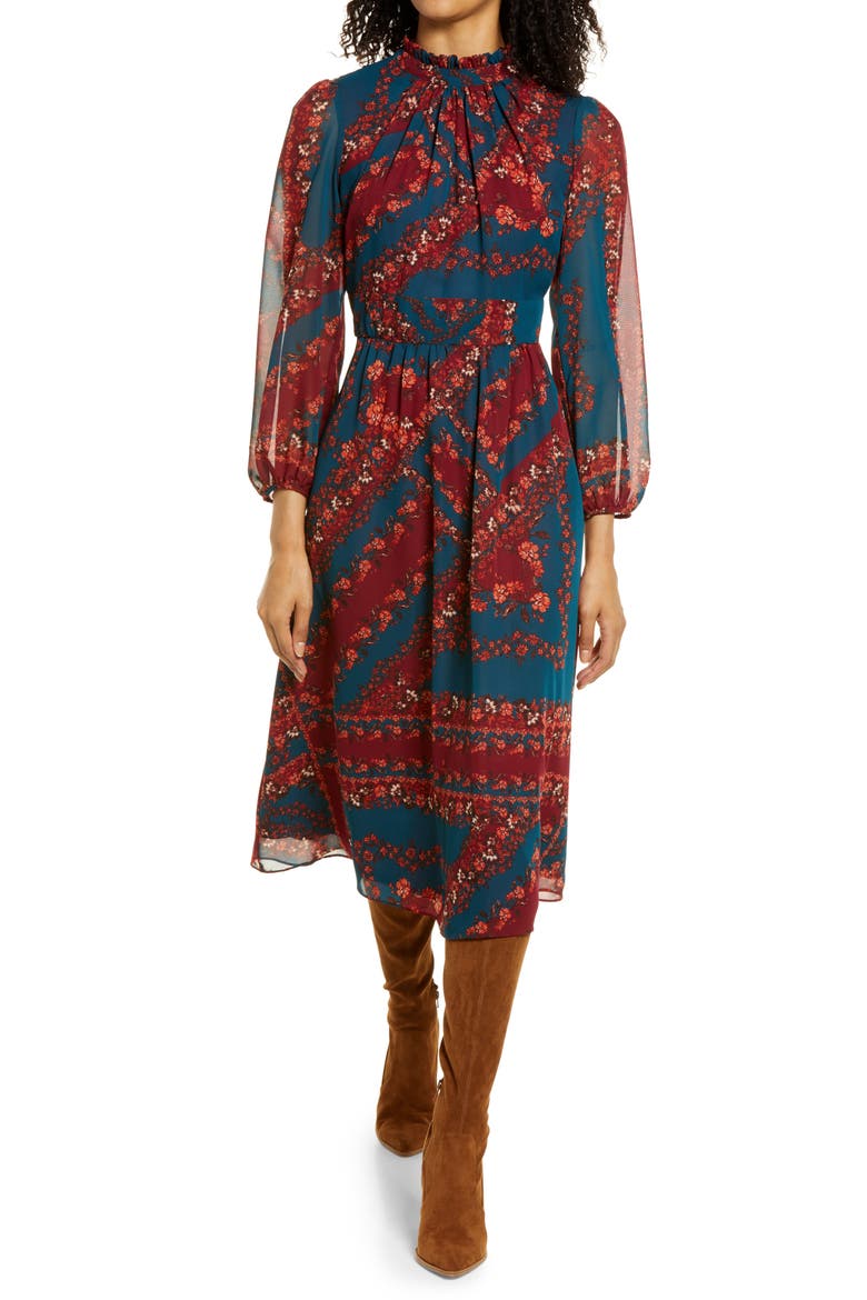 Floral Long Sleeve A-Line Midi Dress, Main, color, TEAL MULTI