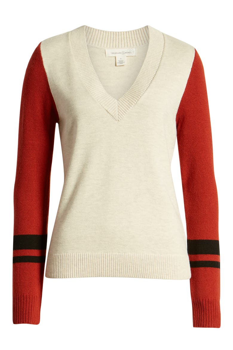 Stripe V-Neck Sweater, Alternate, color, BEIGE OATMEAL- RED COMBO