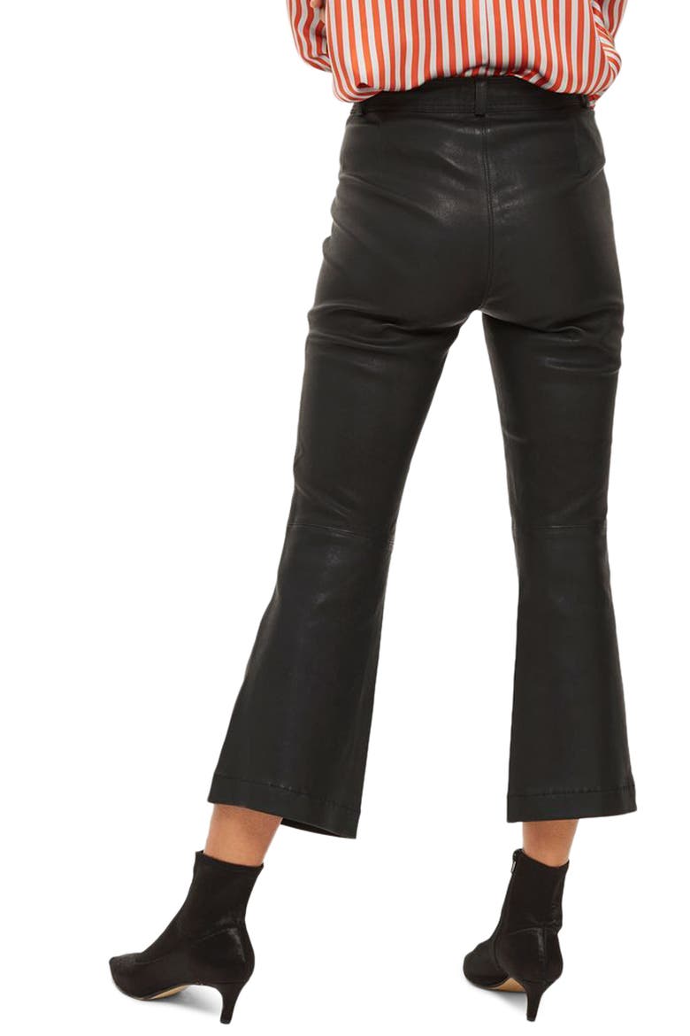 Premium Kick Flare Crop Leather Pants, Alternate, color, BLACK