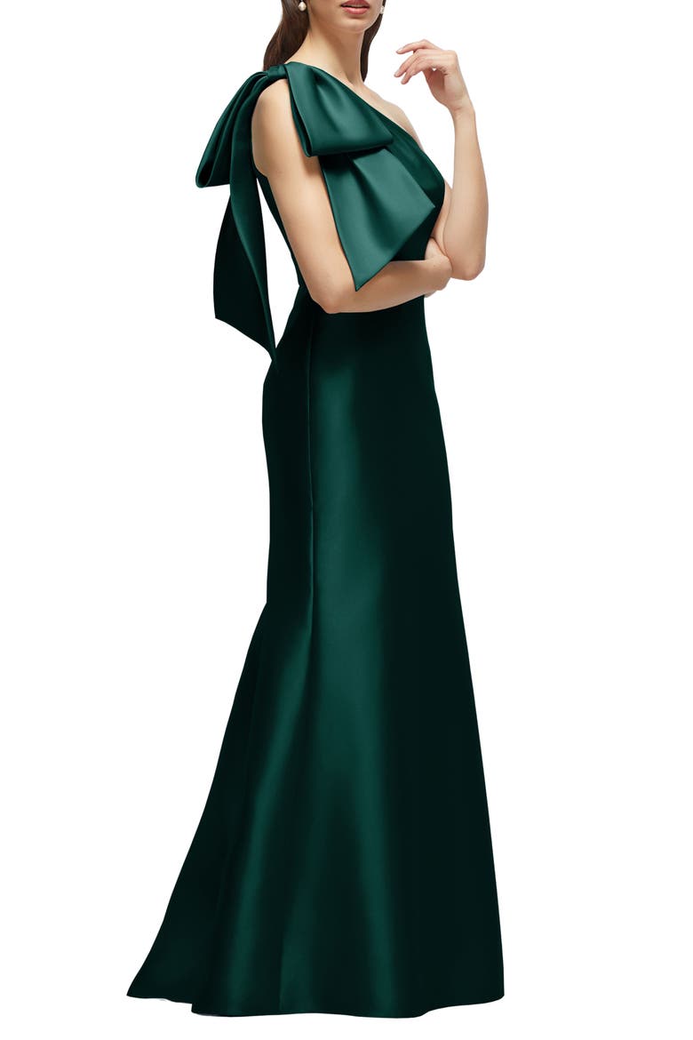 Bow One-Shoulder Satin Twill Mermaid Gown, Alternate, color, EVERGREEN