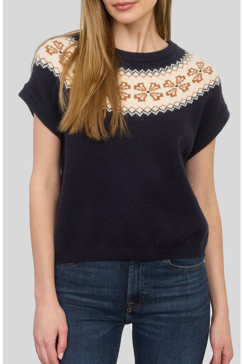 Fair Isle Yoke Short Sleeve Sweater, Main, color, NAVY