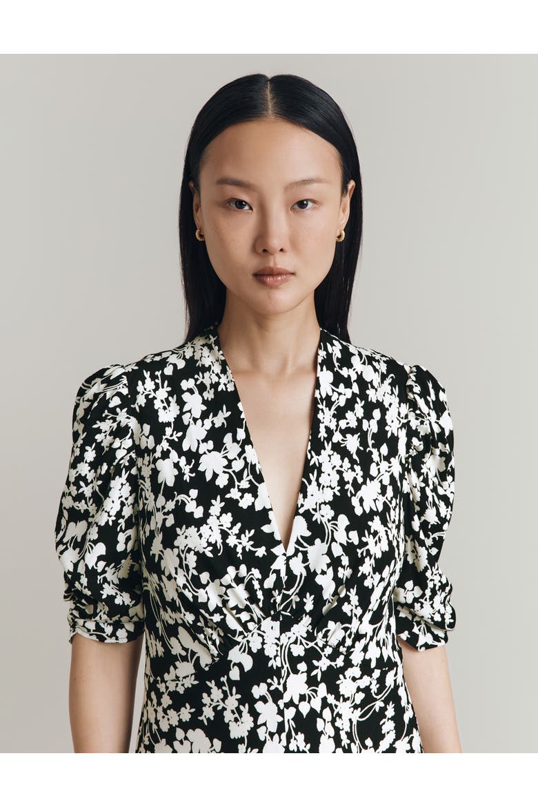 Madi Crepe Floral Midi Dress, Alternate, color, Mono Floral
