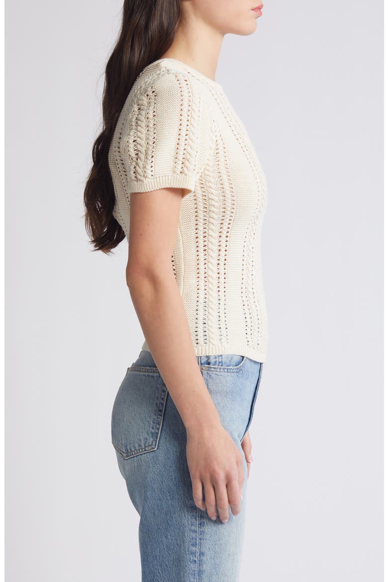 Nora Cable Detail Short Sleeve Cotton Blend Sweater, Alternate, color, BIRCH