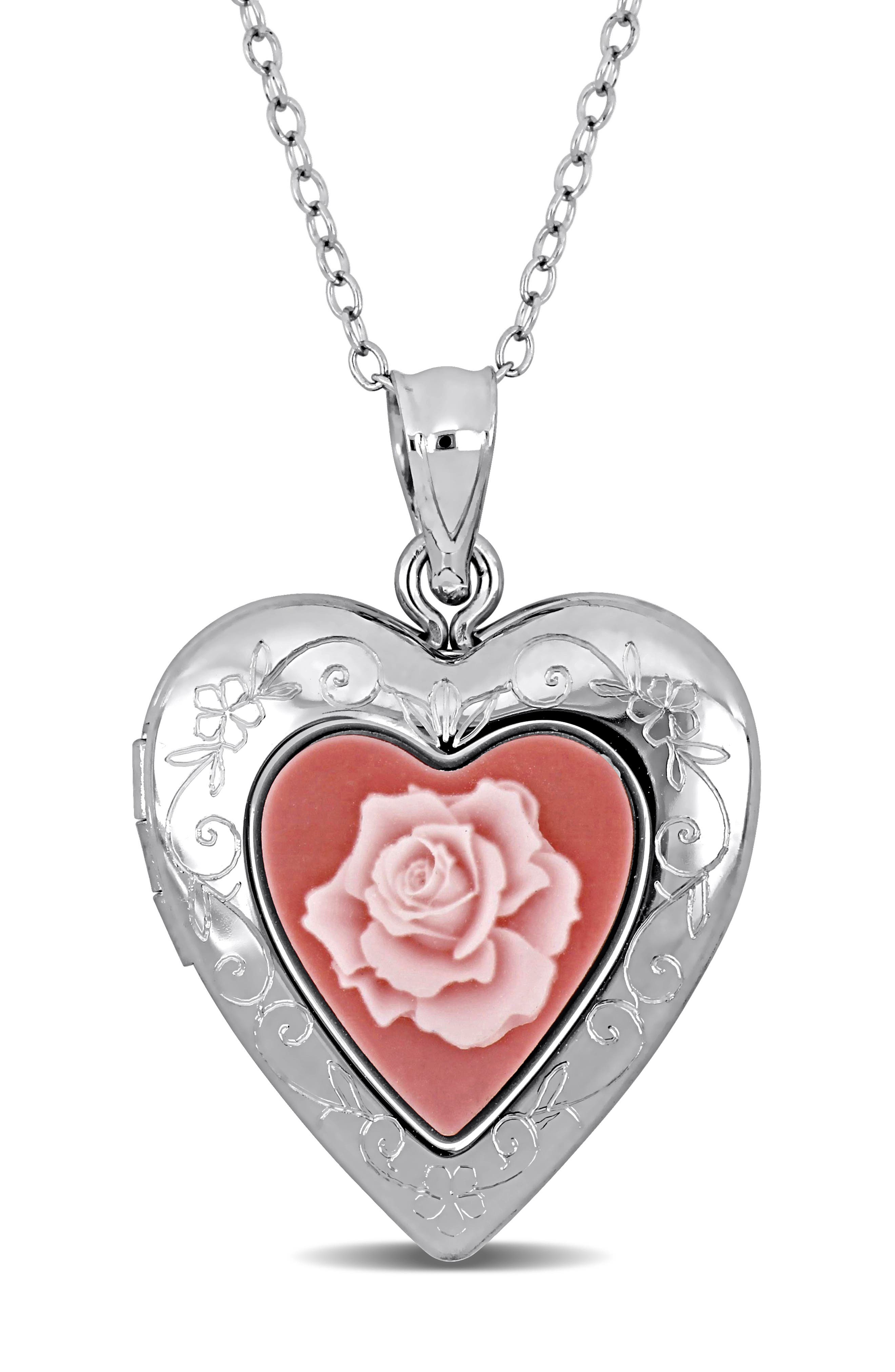 DELMAR Pink Rose Heart Locket Pendant Necklace