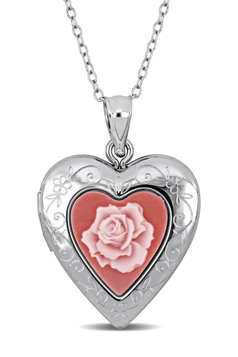 Pink Rose Heart Locket Pendant Necklace, Main, color, SILVER/ PINK