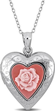 DELMAR Pink Rose Heart Locket Pendant Necklace