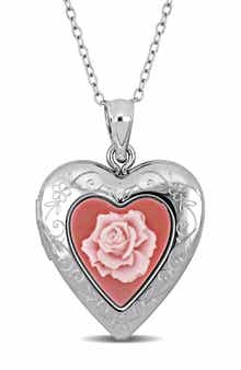 DELMAR Pink Rose Heart Locket Pendant Necklace